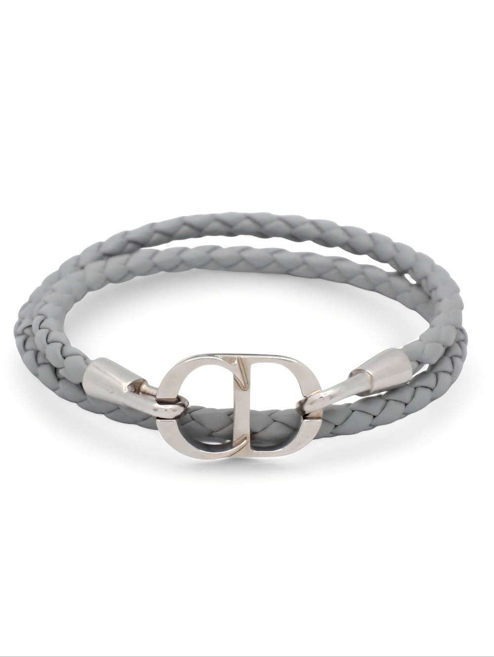 Christian Dior CD Braided Double-Wrap Bracelet Silver Tone Logo Clasp Light Gray